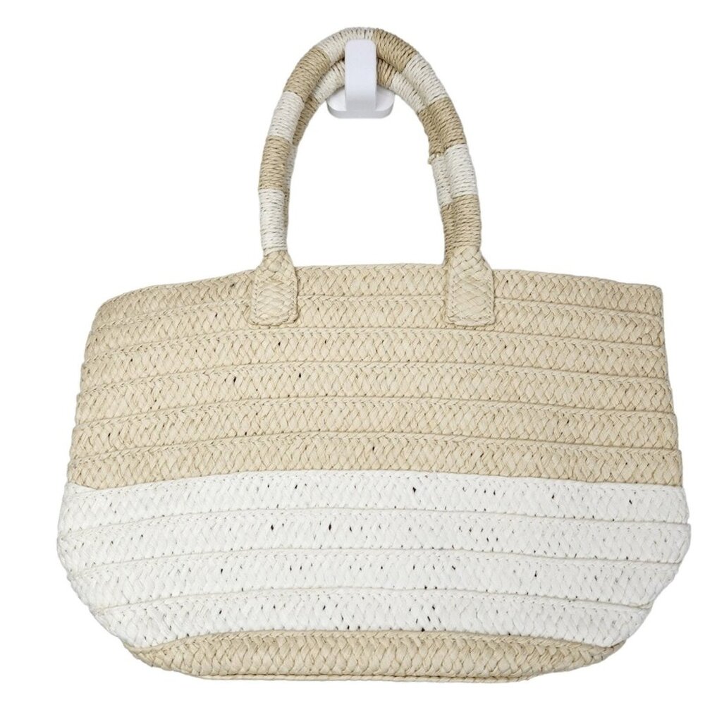 Altru Paper Straw Woven Small Tote Beach Bag Natural Striped